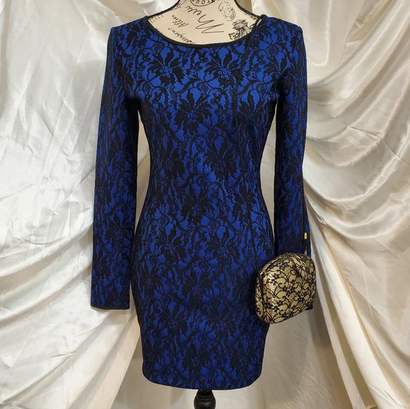 Elliatt | Dresses | New With Tags Elliatt Amos Long Sleeve Black Lace Blue  Midi Dress Size S F99 | Poshmark